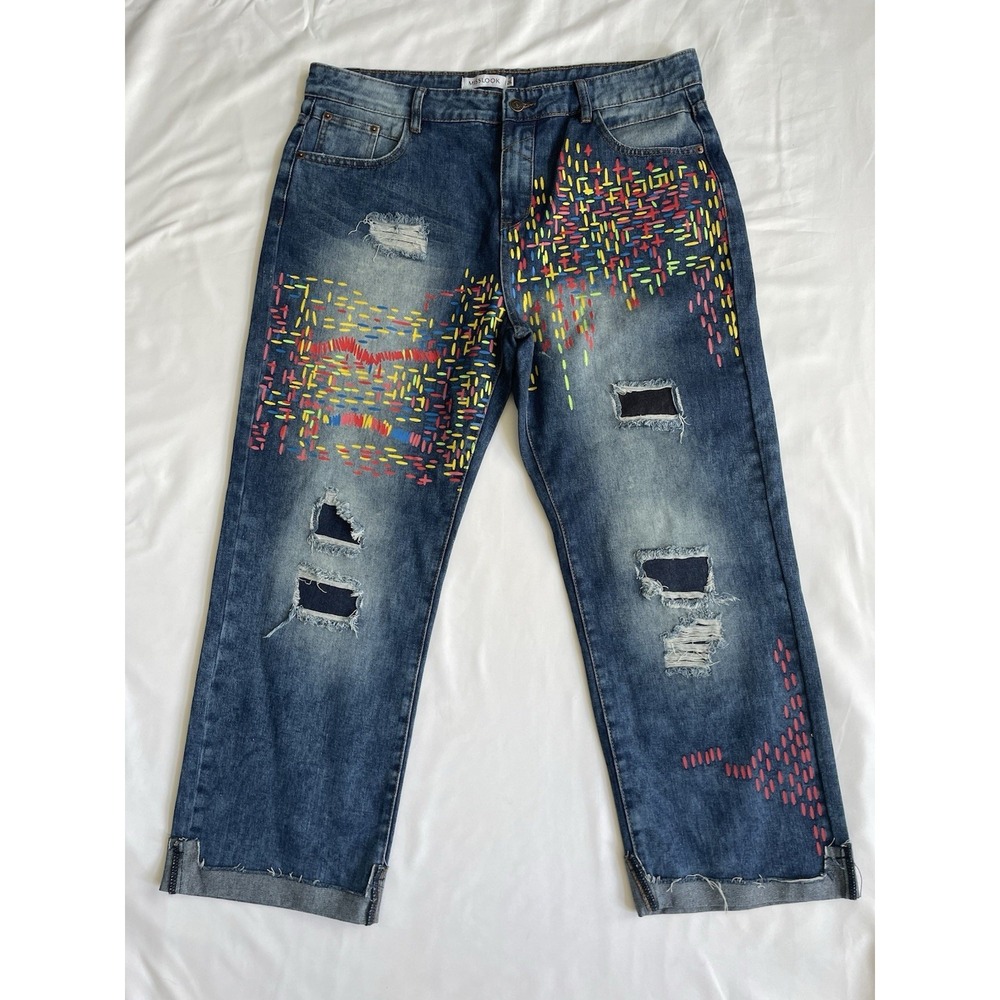 Misslook Jeans Womens 2XL 36x26 1/2 Blue Distressed High Rise Confetti Baggy Y2K